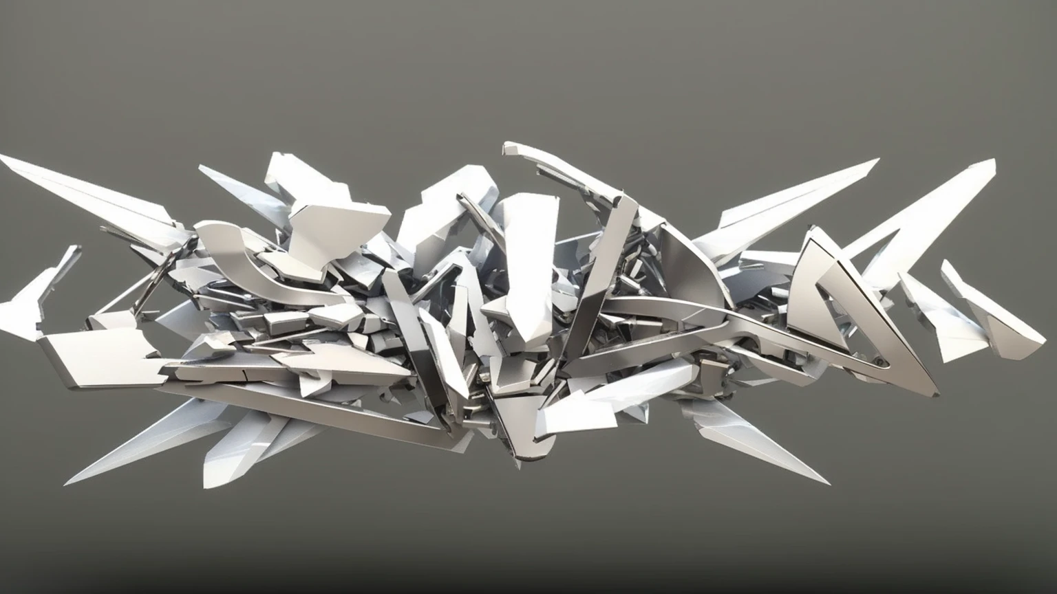 Bunch of scissors on the table close-up, fragmented typography, sharp edges. Octane render, Epic 3D Abstract Model, Made of shiny white metal, consists of many pieces of metal, chrome art, rendering in Cinema 4D, rendering in Cinema4D, Greg Rutkowski. Octane render, satisfactory render, sharp rendering, 3D текстура граффити