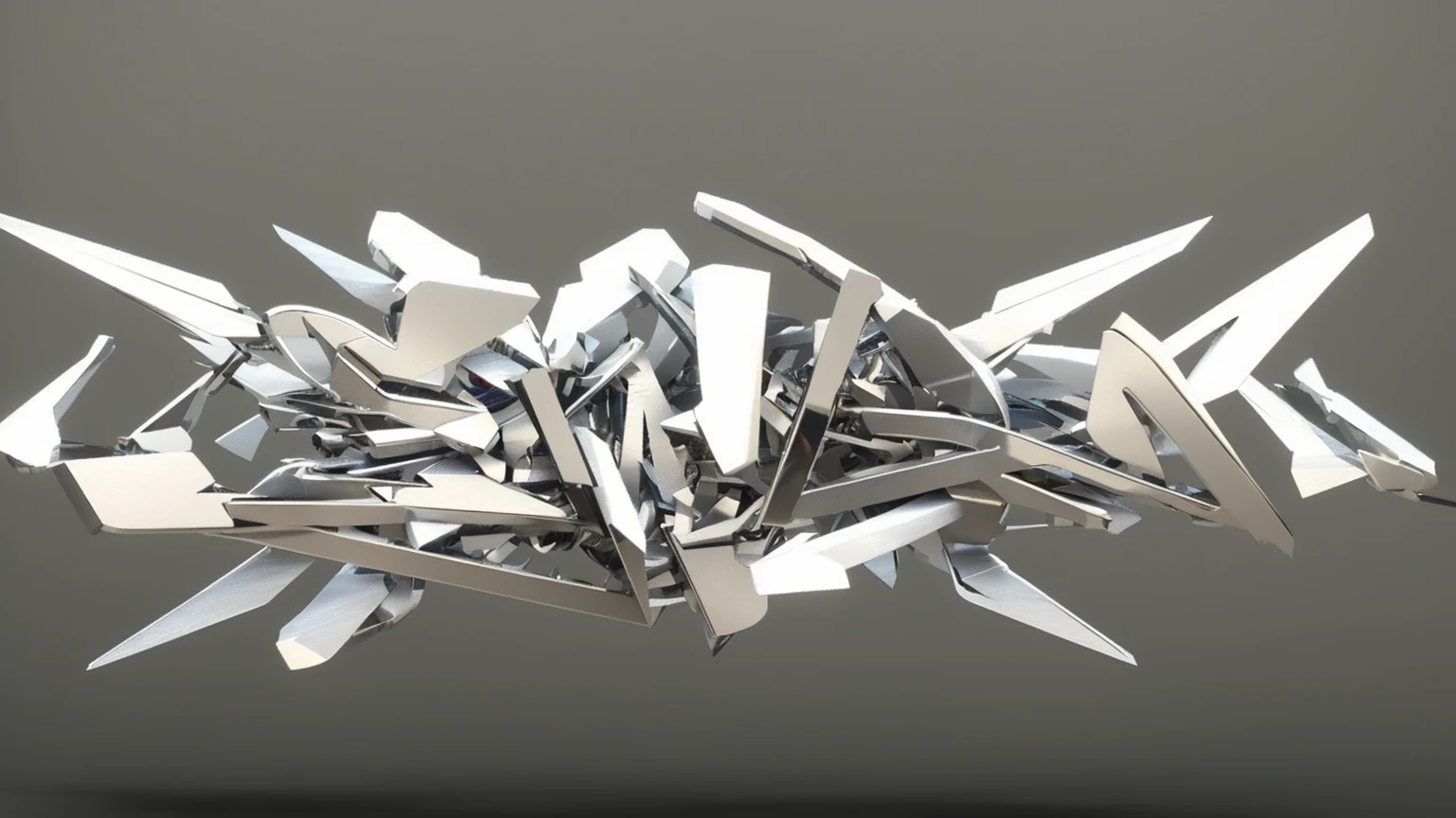 Bunch of scissors on the table close-up, fragmented typography, sharp edges. Octane render, Epic 3D Abstract Model, Made of shiny white metal, consists of many pieces of metal, chrome art, rendering in Cinema 4D, rendering in Cinema4D, Greg Rutkowski. Octane render, satisfactory render, sharp rendering, 3D текстура граффити