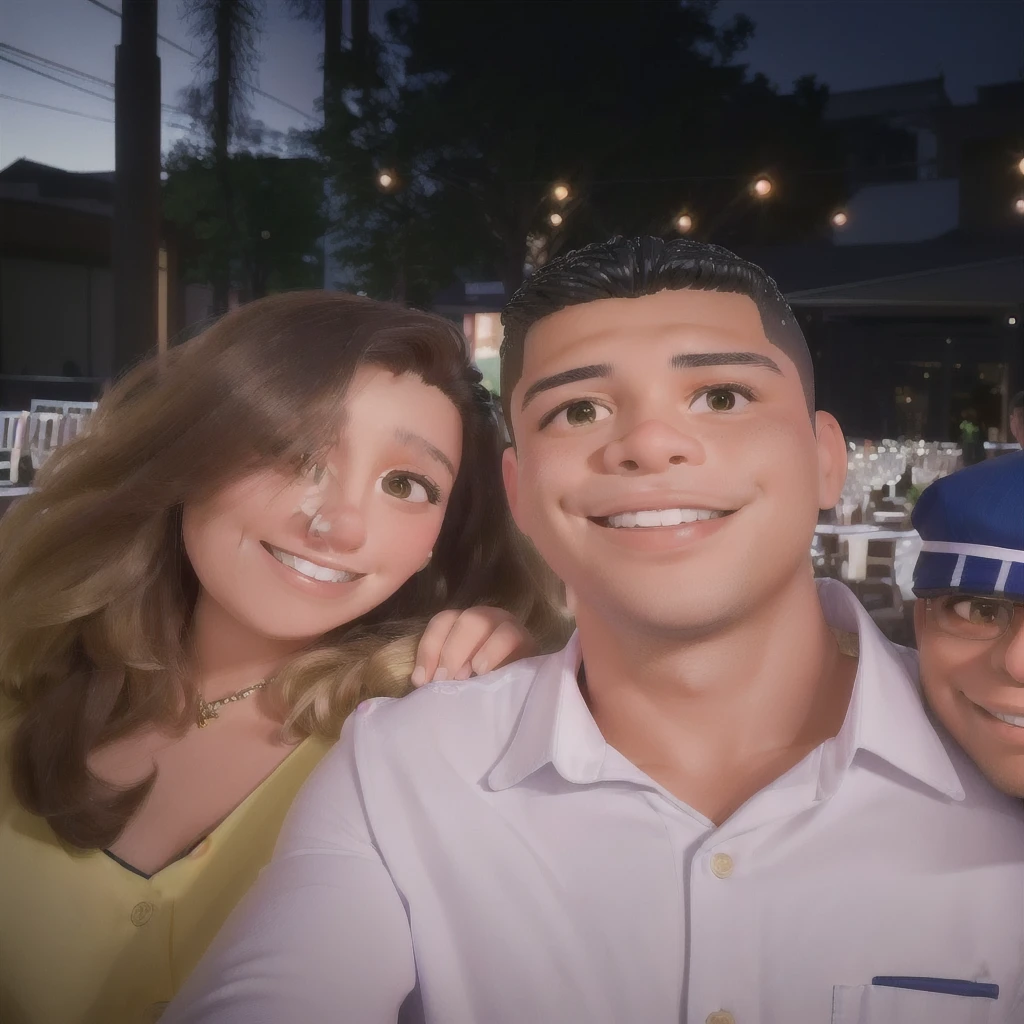 A brunette man in a tank top and a woman in a cap taking a selfie on the grass, Parque em segundo plano, com um parque ao fundo, belos arredores, Casal feliz, com um parque nos fundos, estilo disney pixar, alta qualidade, melhor qualidade