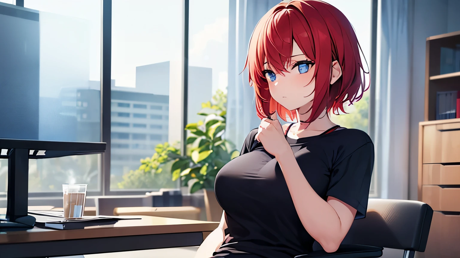 1 girl, (well shaped body), (Alone), 19 years,  HDR, short red hair, blue eyes, blue short sleeve t-shirt, black pants. sitting in an office.