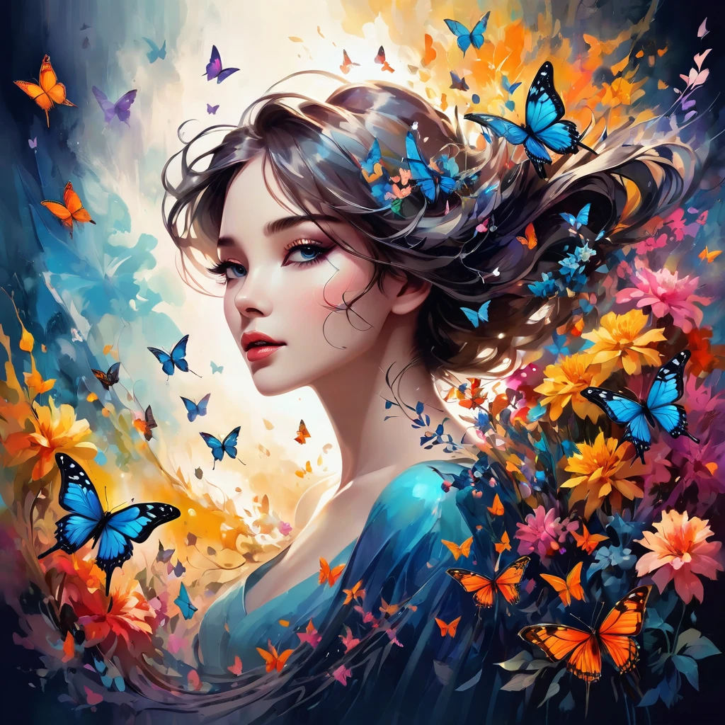 A masterpiece of vector graphics,
Best quality and high resolution, chaos, elegant, Vivid colors, Atmospheric, profile picture of a girl , elegant, butterflies, blooming flowers, moving, dramatic, Full body, organic composition, Aquarell 