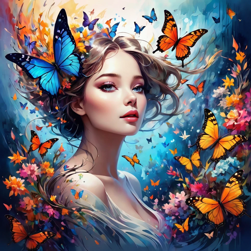 A masterpiece of vector graphics,
Best quality and high resolution, chaos, elegant, Vivid colors, Atmospheric, profile picture of a girl , elegant, butterflies, blooming flowers, moving, dramatic, Full body, organic composition, Aquarell 