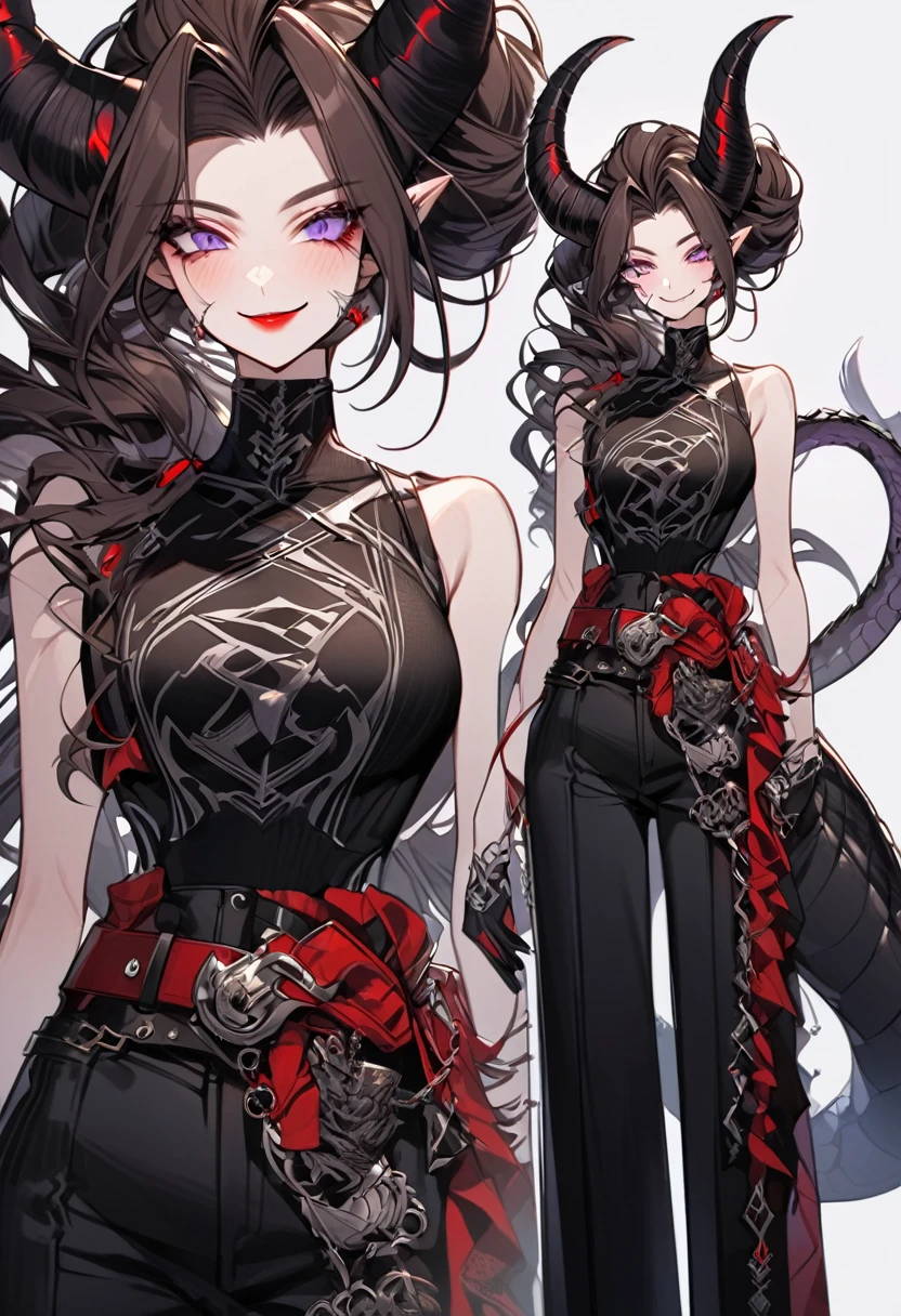 Tall woman, cheeky smile, brunette, hair gathered in a low bun, strands on the sides of face, red and black clothes with open chest, purple eyes, dragon tail and horns, belts, pants, many details, light lipstick