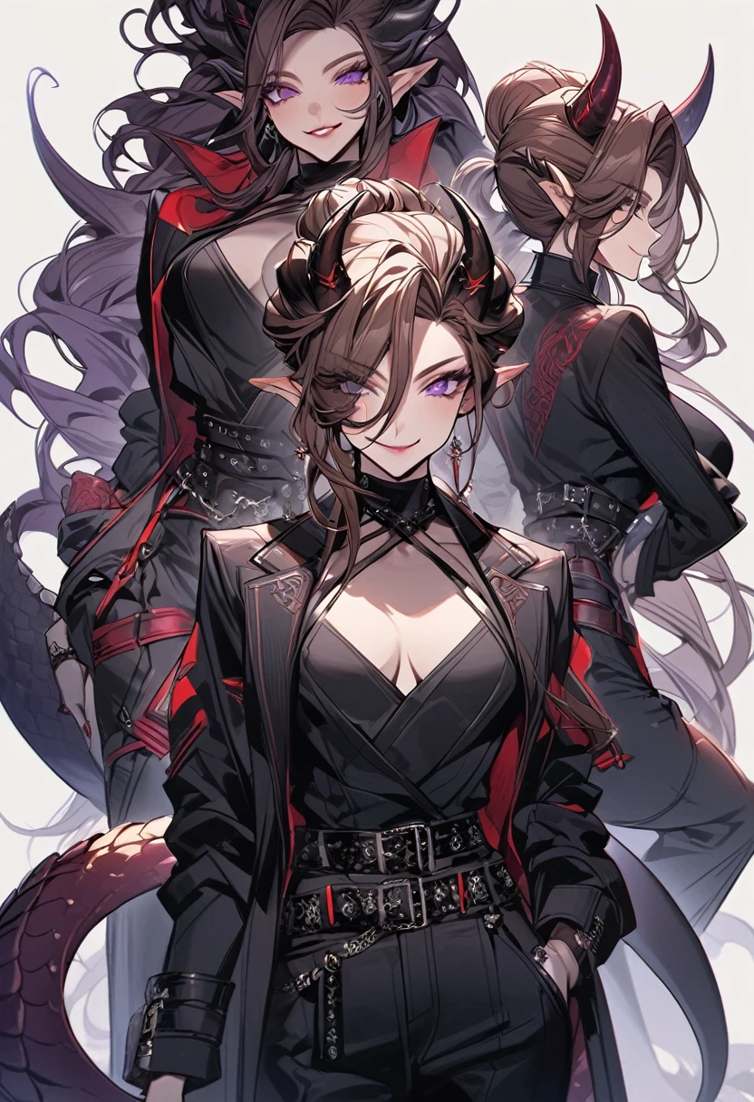 Tall woman, cheeky mad smile, brunette, hair gathered in a low bun, red and black clothes with open chest, purple eyes, dragon tail and horns, belts, pants, many details, light lipstick