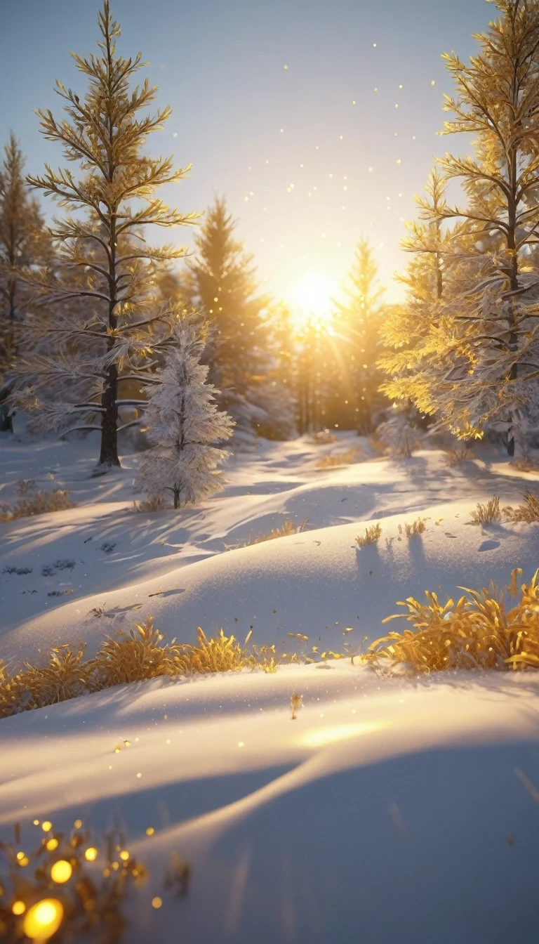 Close-up of a snowy landscape illuminated by yellow light, Golden Heavenly Light, Shining Snow, Golden mystical light, Golden Meteor, Golden Hour Firefly Wisps, solar flare unreal engine, Unreal 6 Breathtakingly detailed, Gold Spark, Highly detailed digital art in 4K, Complex and shining atmosphere, Shining golden aura, Gold Glow, Beautiful Art UHD 4K, Unreal Engine Art
