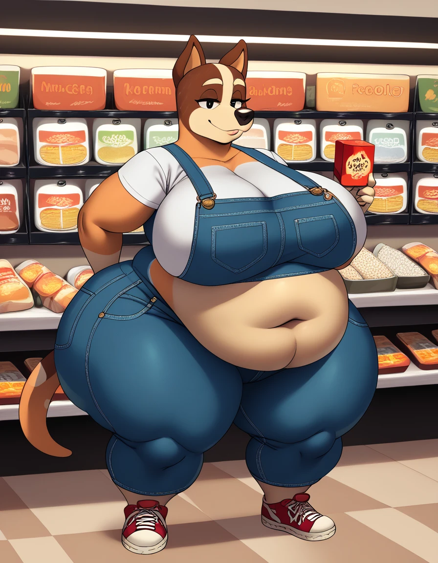 chilliheeler, eye spot, furry female, anthro, huge thighs, huge hips, huge ass, huge breasts, detailed background, obese, realistic,  detailed face, S2Z0n1c21.5XL style, shortstack, facing viewer, front view, australian cattle dog, toony, orange fur, standing, at grocery store, holding a box of trix, leaning back, denim overalls, sneakers, deep navel, BREAK realistic denim, textured denim