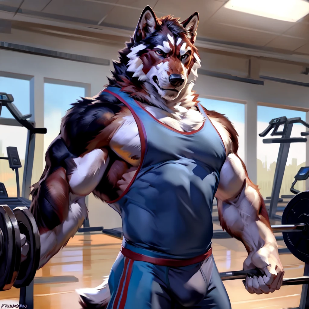 alaskan malamute, masculine, male, trained alaskan malamute, standing, brave, very muscular, pectorals, muscular chest, taran fiddler style, chunie style, virtyalfobo style, detailed eyes, gym background, wearing gym tank tops, proud, serious face, angry eyes, working out