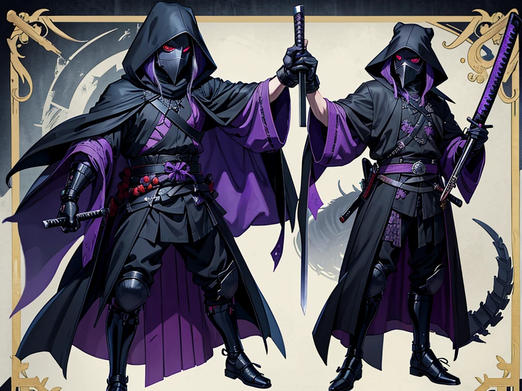 an image of a black plague doctor with a samurai appearance holding his purple katana in both hands