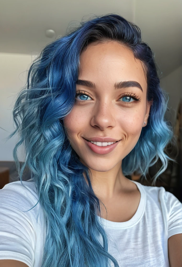 Smiling beautiful biracial woman with blue hair and light blue eyes, wink eye , extremely detailed facial features, beautiful detailed eyes, beautiful detailed lips, selfie portrait, photorealistic, ultra-detailed, 8k, highres, masterpiece, vivid colors, natural lighting, intricate details