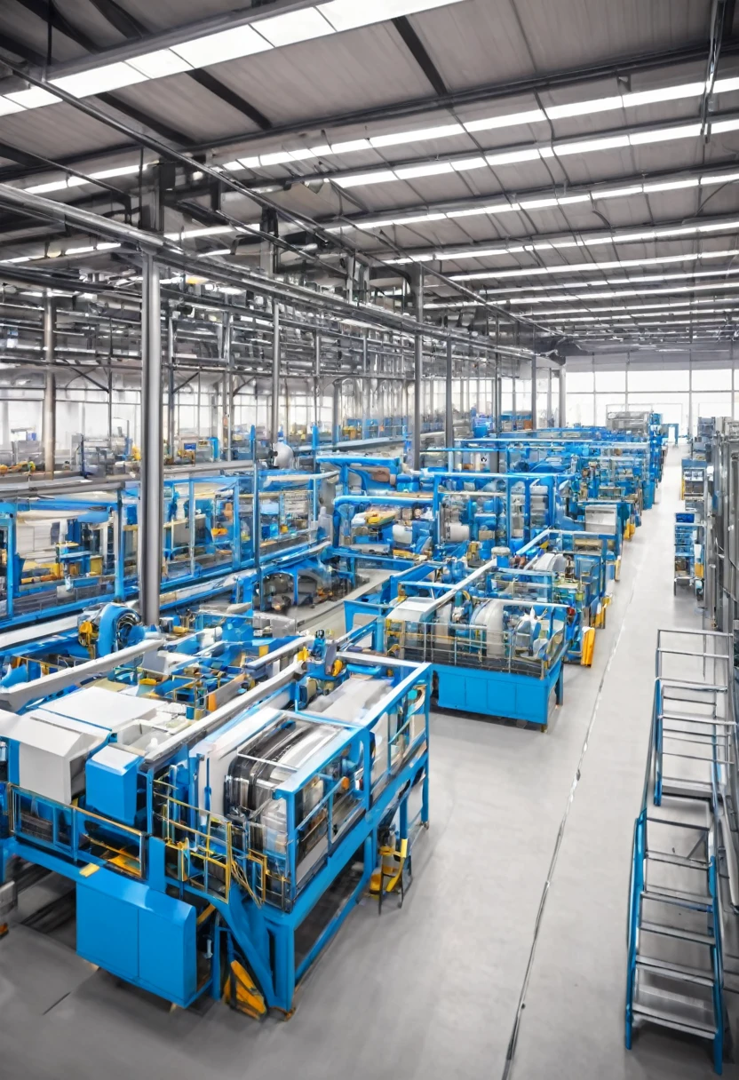 A modern factory with adjustable machines and different products in different batches. Industrial environment with workers setting up machines.