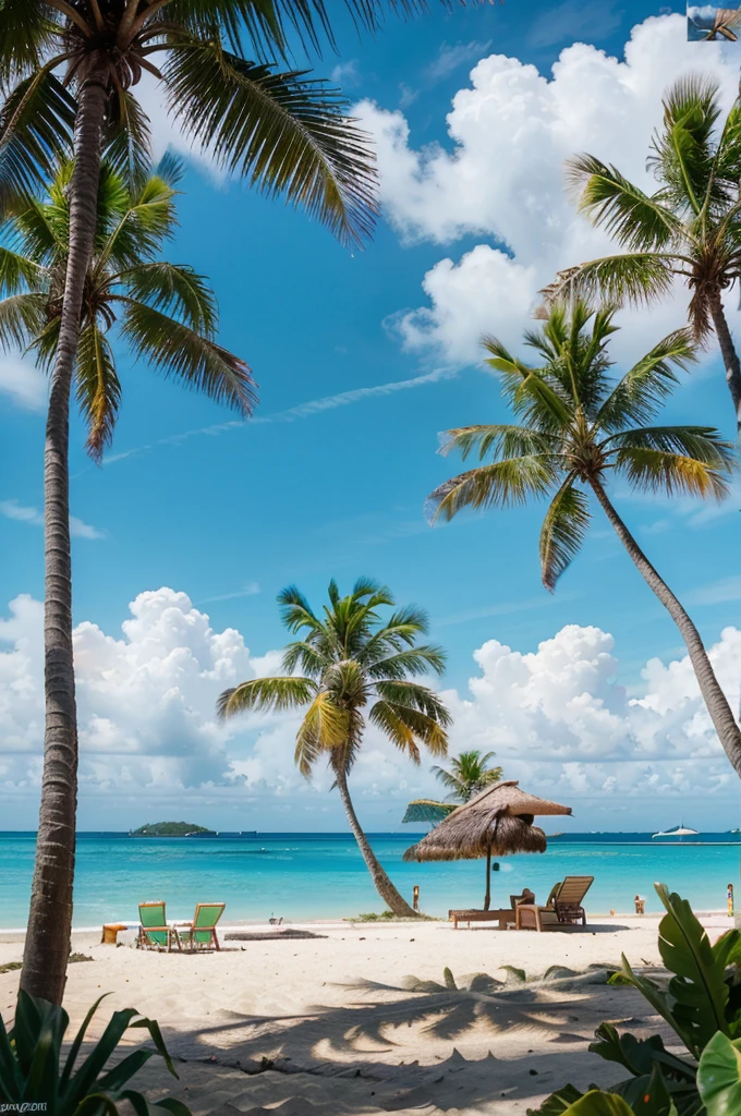a beautiful tropical beach on an exotic island, palm trees, turquoise water, vibrant coral reefs, coconut tables with fruit cocktails, beach umbrellas, (best quality,4k,8k,highres,masterpiece:1.2),ultra-detailed,(realistic,photorealistic,photo-realistic:1.37),HDR,UHD,studio lighting,ultra-fine painting,sharp focus,physically-based rendering,extreme detail description,professional,vivid colors,bokeh,landscape,tropical,paradise,vibrant colors,sunlight,beach scenery,summer,seascape