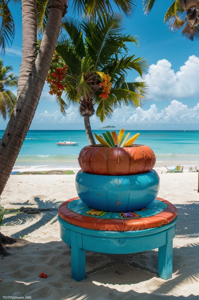 a beautiful tropical beach on an exotic island, palm trees, turquoise water, vibrant coral reefs, coconut tables with fruit cocktails, beach umbrellas, (best quality,4k,8k,highres,masterpiece:1.2),ultra-detailed,(realistic,photorealistic,photo-realistic:1.37),HDR,UHD,studio lighting,ultra-fine painting,sharp focus,physically-based rendering,extreme detail description,professional,vivid colors,bokeh,landscape,tropical,paradise,vibrant colors,sunlight,beach scenery,summer,seascape