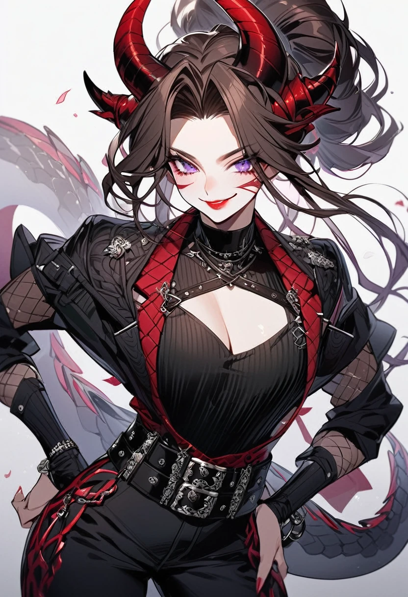 Tall woman, cheeky mad smile, brunette, hair gathered in a low bun, strands on the sides of face, red and black clothes with open chest, purple eyes, dragon tail and horns, belts, pants, many details, light lipstick