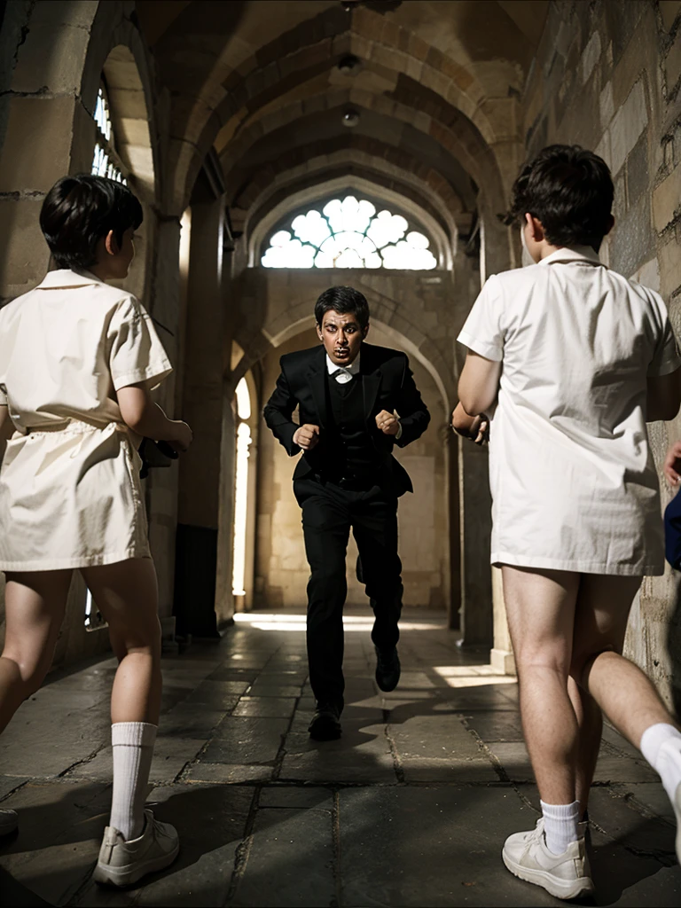 a priest chasing s to rape them. church priest, children crying while running.