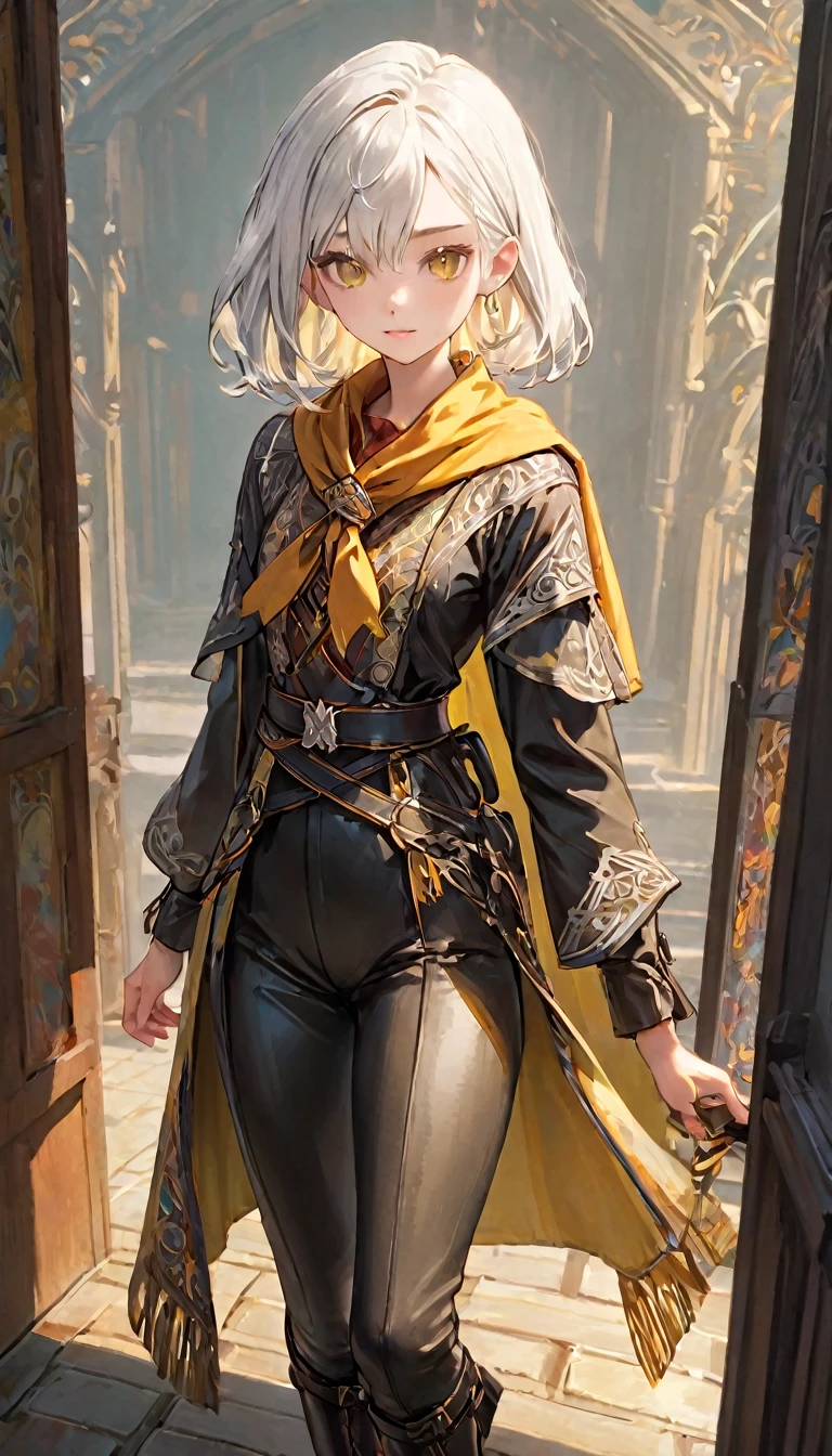 (white hair), multicolor patterned clothing, colorful clothing, female adventurer, game art style, (masterpiece 1:5), colorful clothing 1:2, elf ears, bob cut, silver hair, skinny, , yellow eyes, scarves, leather belts, half skirt over pants and boots, flowing blouse and leather corset, best quality, highres, 4k, 8k, Detailed Illustration, intricate detail, cinematic lighting, amazing quality, 1girl, fit female, amazing shading, soft lighting, facing camera, perfect eyes