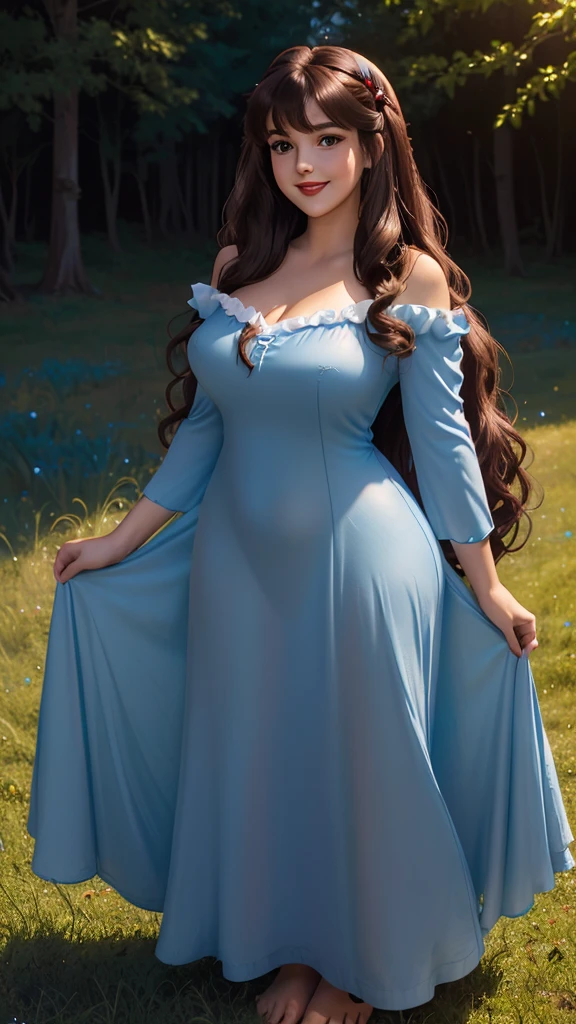 DisneyAurora, 27 years old, full body view Beautiful woman (((long wavy brown hair, two side up with bangs))) defined body, voluptuous, sexy, cherry red lipstick, arms by her sides, hands free, happily smiling, standing facing camera((( bright blue nightgown ))), in moonlit grassy field, (large_breasts:1.1) (curvy:1.0)