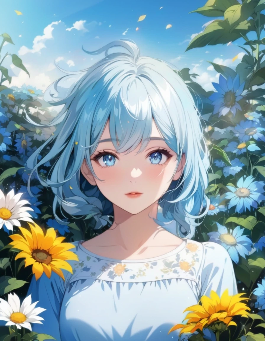 Anime girl with blue hair and blue eyes standing in a flower field, Beautiful sunflower anime girl, Anime Style 4k, detailed Digital anime art, Beautiful anime portraits, Digital anime art, digital Anime illustration, Beautiful anime art style, Anime style digital art, anime art wallpaper 4k, anime art wallpaper 4k, Anime illustration, High quality anime art style