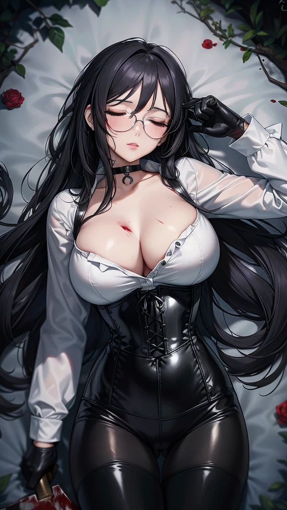 ((blood droplets)), ((blood)), ((blood splatter)), ((blood on clothes)), ((blood stain)), Masterpiece, Beautiful art, professional artist, 8k, art style by sciamano240, Very detailed face, Detailed clothing, detailed fabric, 1 girl, lying completely on the ground, perfectly drawn body, (very big breasts), dead expression, lifeless, pale skin, beautiful face, long black hair, Closed eyes, very detailed eyes, pink cheeks, glasses, choker:1.6, (white collar button down long sleeve shirt), black gloves, gloves that cover hands, (holding an ax in his right hand), (black leather corset), (shiny black leggings), Sensual Lips , evening de invierno, show details in the eyes, View from above, Dark road, dark forest, evening, Atmosphere, fog