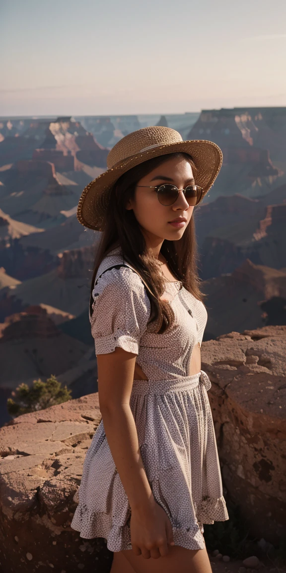 Photo of a young woman dressed in a big hat and a short polka dotted dress. She wears sunglasses. At the rim of Grand Canyon , shot from the side, dusk, film photography style, 4k.