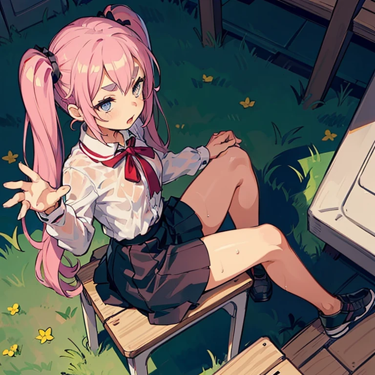 4 Girls with pink hair, long twintail hairstyle, ((small bushy eyebrows)), wearing gothic lolita clothing, lolicon , walking to school, flirty smile,, walking to school, bored look, bored face,, (sitting with legs open lifting her skirt to show her vagina wet with semen),
