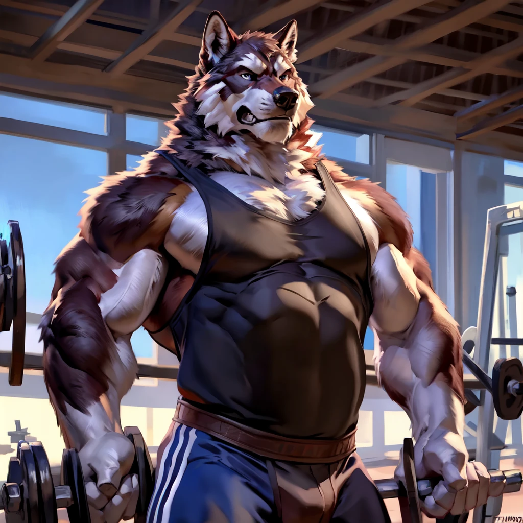 alaskan malamute, masculine, male, trained alaskan malamute, standing, brave, very muscular, pectorals, muscular chest, taran fiddler style, chunie style, virtyalfobo style, detailed eyes, gym background, wearing gym tank tops, proud, serious face, angry eyes, working out 