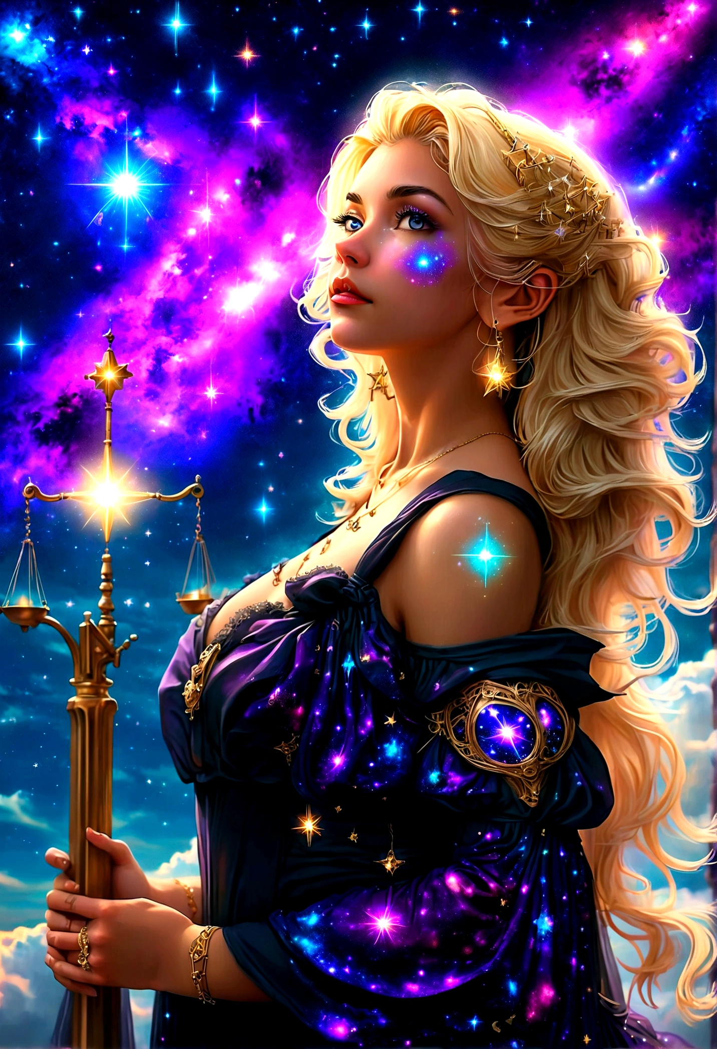 a portrait of an astrologer looking to the sky at ((libra constellation: 1.5)) in the night sky, an extraordinary beautiful woman, there is magic in her eyes divining the future from the Libra constellation, blond hair, dynamic hair style, wearing an intricate dark red dress decorated with glowing stars, she looks to the night sky seeing the ((Libra constellation in the sky: 1.5)), vibrant, Ultra-high resolution, High Contrast, (masterpiece:1.5), highest quality, Best aesthetics), best details, best quality, highres, 16k, [ultra detailed], masterpiece, best quality, (extremely detailed), Cinematic Hollywood Film, magical sky, FireMagicAI, dark novel