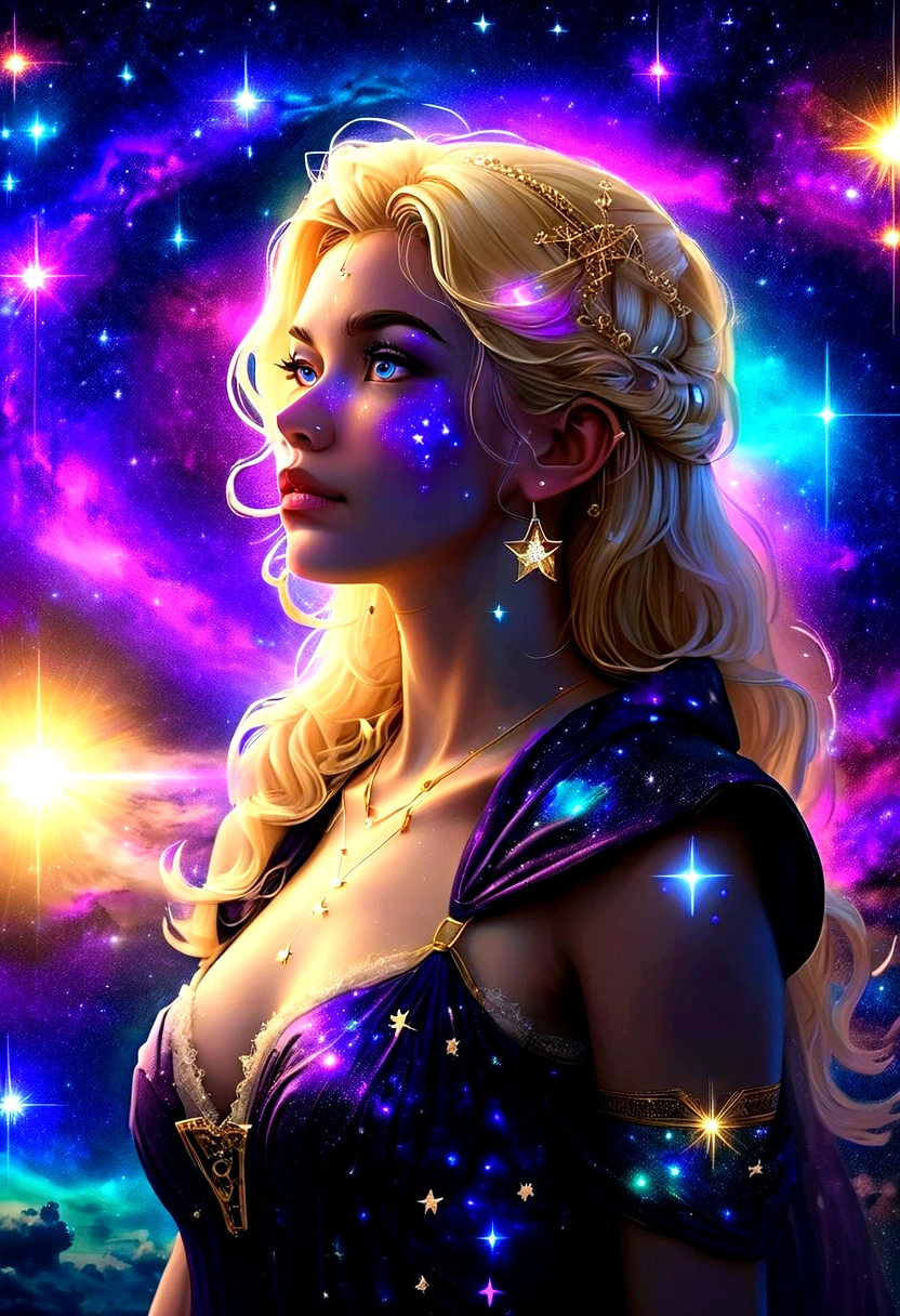 a portrait of an astrologer looking to the sky at libra constellation in the night sky, an extraordinary beautiful woman, there is magic in her eyes divining the future from the Libra constellation, blond hair, dynamic hair style, (best detailed face: 1.5), wearing an intricate dark purple dress decorated with glowing stars, she looks to the night sky seeing the ((Libra constellation in the sky: 1.5)), vibrant, Ultra-high resolution, High Contrast, (masterpiece:1.5), highest quality, Best aesthetics), best details, best quality, highres, 16k, [ultra detailed], masterpiece, best quality, (extremely detailed), Cinematic Hollywood Film, magical sky, FireMagicAI, dark novel