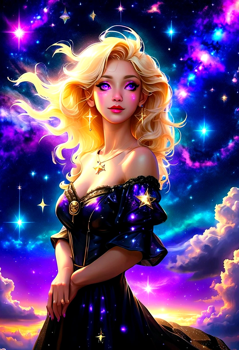 a portrait of an astrologer looking to the sky at libra constellation in the night sky, an extraordinary beautiful woman, there is magic in her eyes divining the future from the Libra constellation, blond hair, dynamic hair style, (best detailed face: 1.5), wearing an intricate dark purple dress decorated with glowing stars, she looks to the night sky seeing the ((Libra constellation in the sky: 1.5)), vibrant, Ultra-high resolution, High Contrast, (masterpiece:1.5), highest quality, Best aesthetics), best details, best quality, highres, 16k, [ultra detailed], masterpiece, best quality, (extremely detailed), Cinematic Hollywood Film, magical sky, FireMagicAI, dark novel