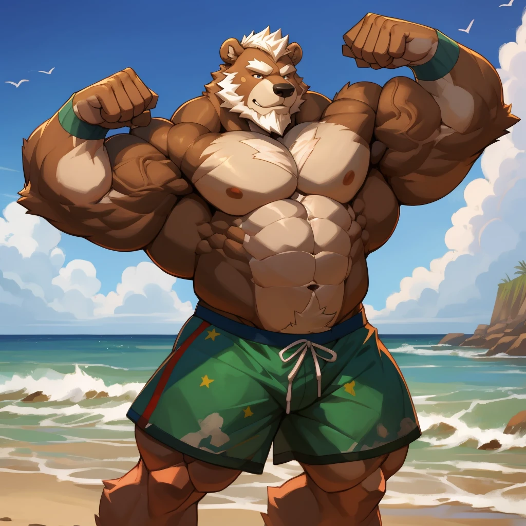 Solo, 1boy, a huge muscular furry Grizzly bear old man flexing at the beach, huge shoulder muscle, shirtless, muscle, strong man, strong bear, huge muscle, short hair, bearded, white hair and beard, massive body, black swimimh trunks, thick brown fur, wrinkles skinned, strong muscle, strong and brave, masterpiece, muscular, five fingers, correct anatomy, commission for high res, male, good art, very very beautiful art, art painting , painting art,