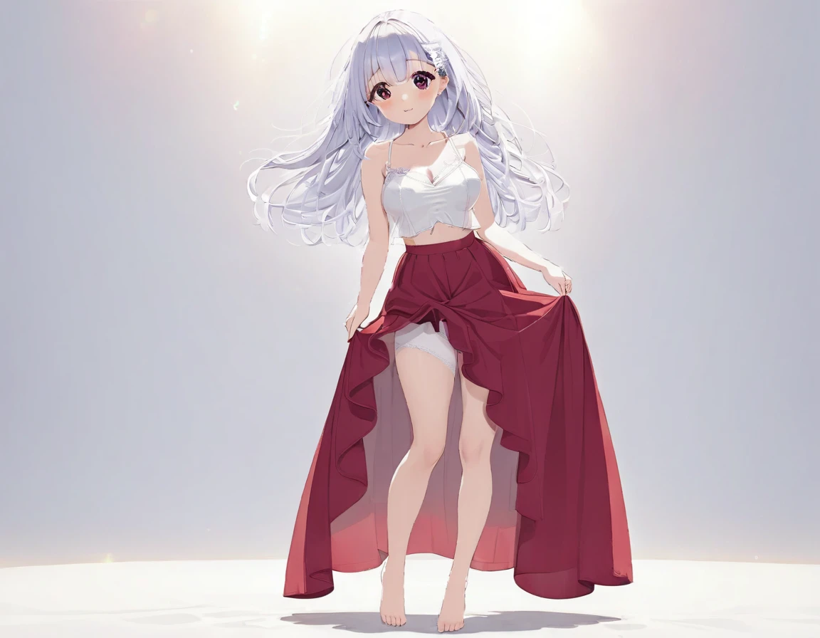 Short girls、White camisole、See-through breasts、Red long skirt、Lift up your skirt with both hands、Showing off cute white underwear、barefoot