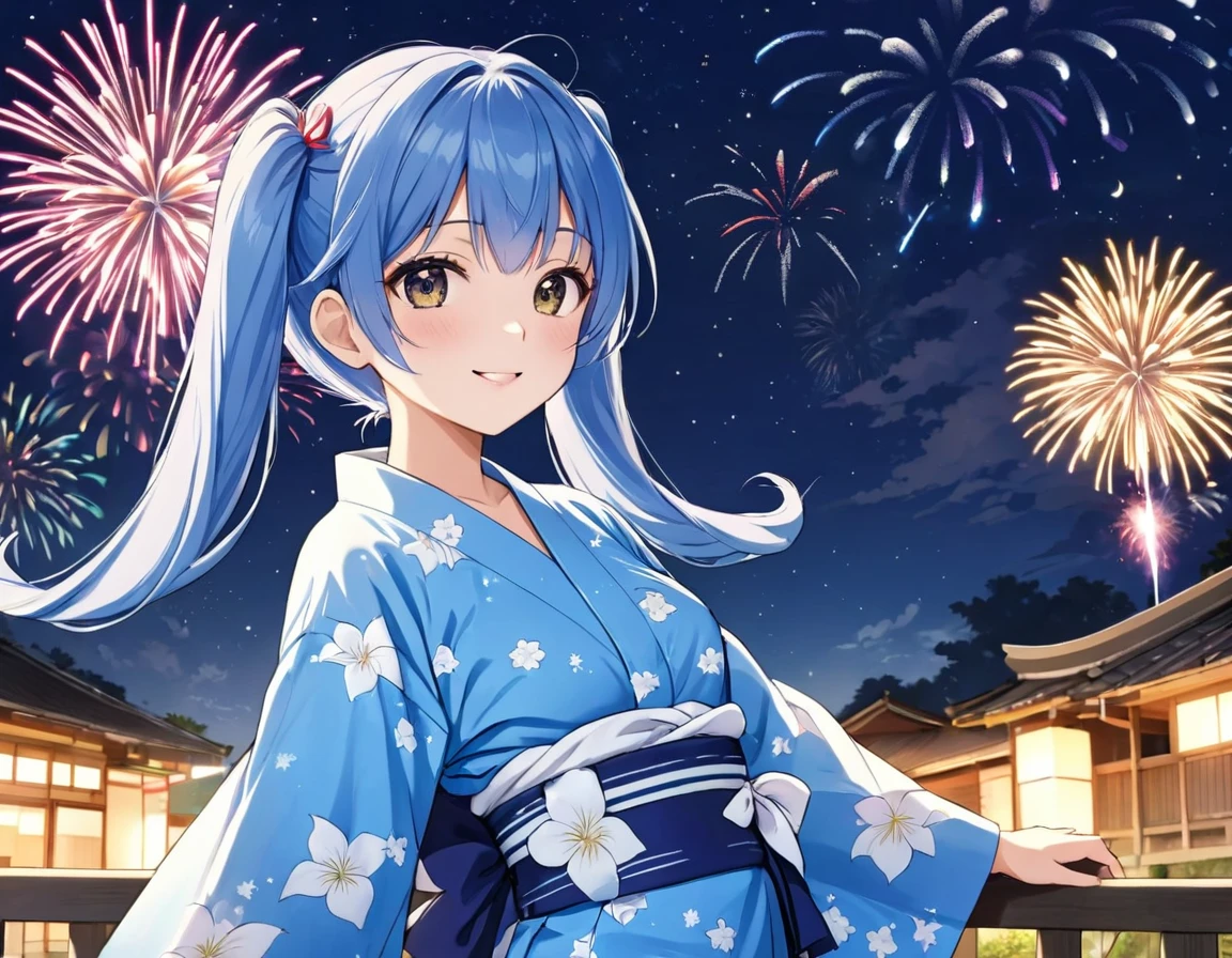 Colorful fireworks、Fireworks display、Morning glory、One girl,Expose the whole body,Nice face,Dark Eyes、Light blue long hair、Beautiful girl with twin tails,Fireworks across the sky、Bright smile、Wearing a yukata、Warm and soft lighting,Night Sky,Starry Sky