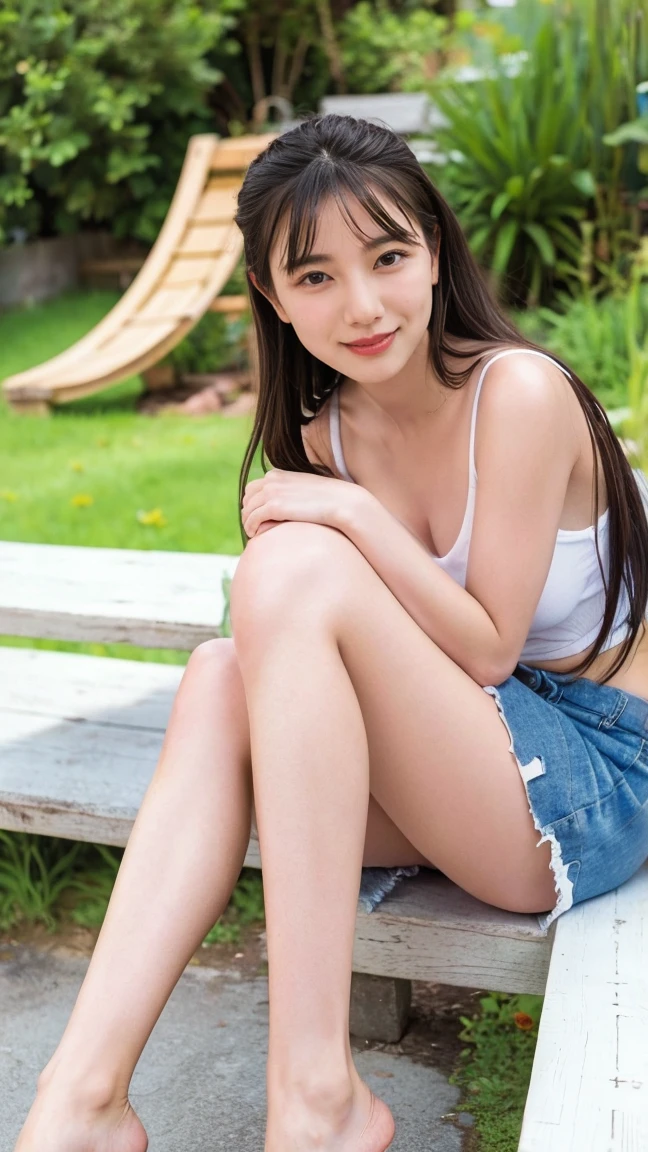 ((((detailed explanation)))),(((masterpiece、Highest quality、Very detailed:1.42、Focus on the eyes)))、Female in her late s、Portraiture、Blurred cityscape at dusk、Silhouette of buildings and street lights Long dark brown hair、natural wavy curls、The wind is blowing softly、Hair falls down the side of the face、Skin is smooth、Healthy olive color、The tan lines are faintly visible、Natural redness on the cheeks、I have a few small laugh lines on my forehead.、Eyes with dark brown irises、The pupil is shining, Reflect light、Long curled eyelashes、Accentuate the eyes、Eyebrows are thin and trimmed、Natural Arch、Small Nose、straight、straight nose、lips are plump、soft pink lip gloss、Ultra-thin camisole、Barefoot and bare legs、A simple silver bracelet on her right wrist、A small diamond earring sparkles in her left ear...、The expression is calm、Be confident、smile、(((Emphasize the contrast between light and shadow)))、Realistic textures and facial details