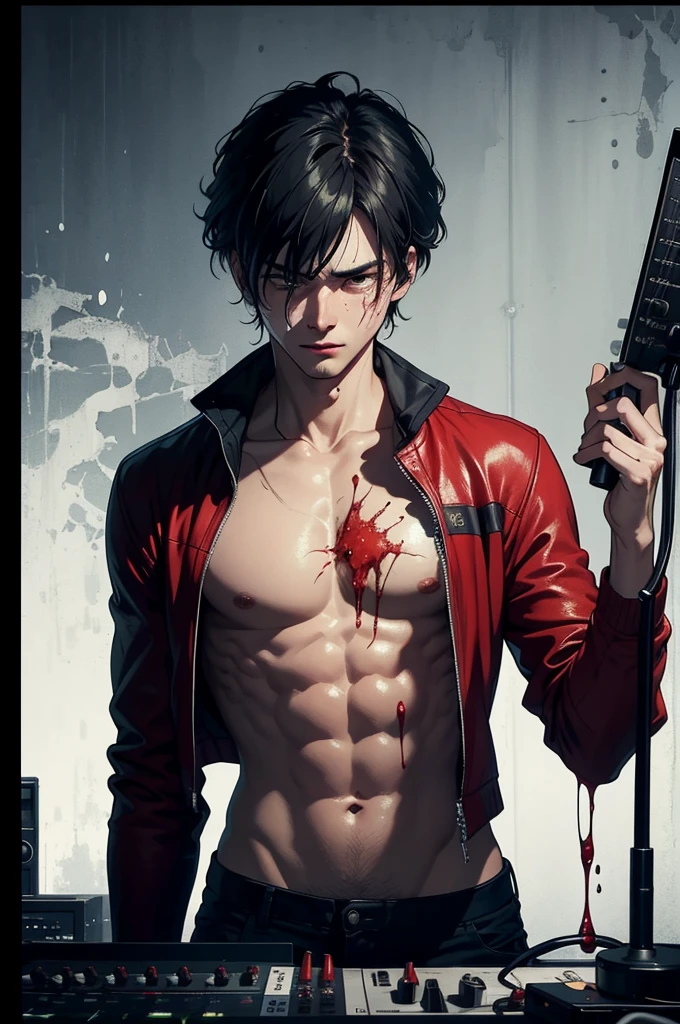 ((best quality)), ((masterpiece)), (detailed), Wallpaper, 1920x1080 HD, 8k, cinematic, A man is in the music studio, after battle, courage and bravery, determination, battle scars showing, working on music, dedicated, bloody, tired, hungry