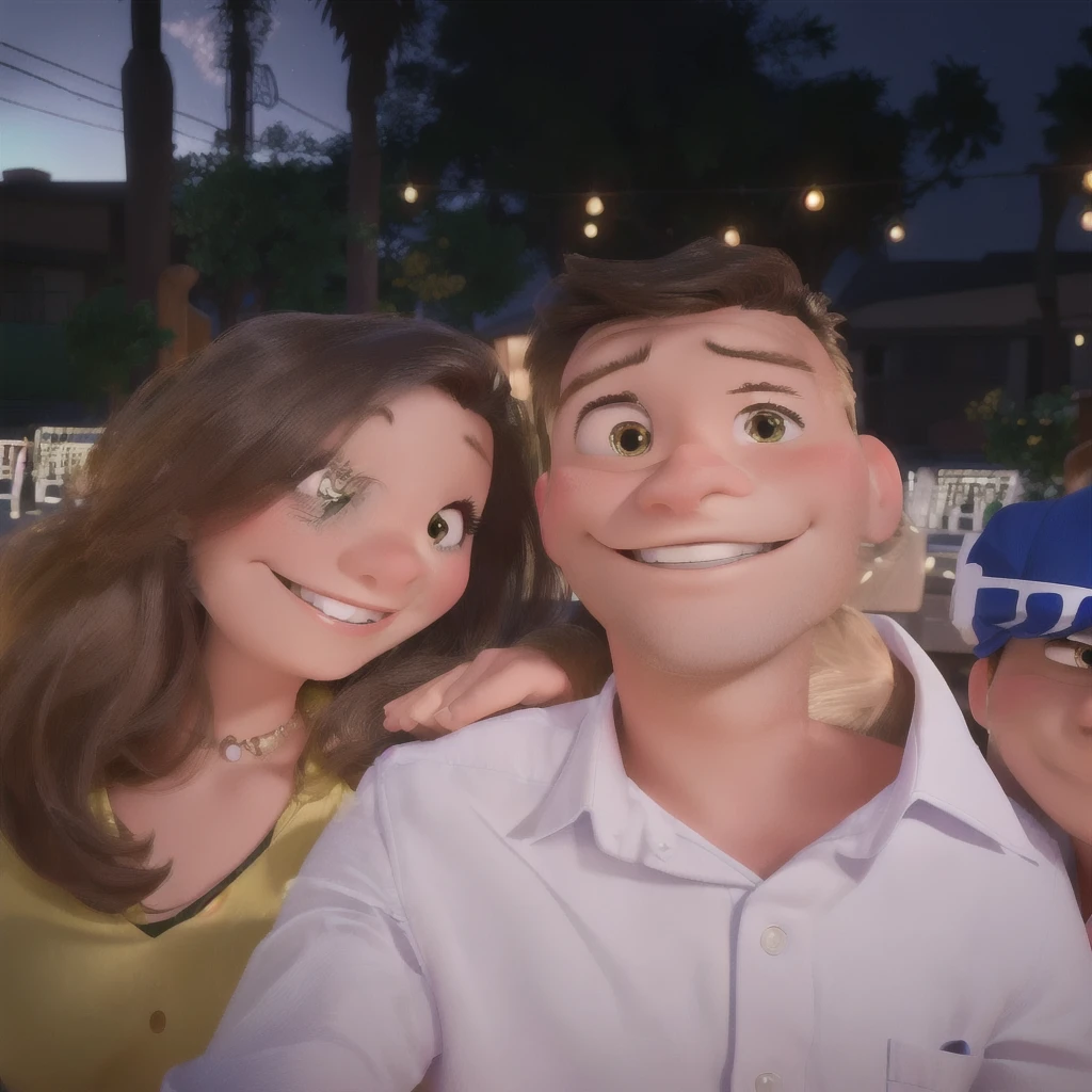 Generate an image of the smiling couple in the Disney Pixar cartoon style