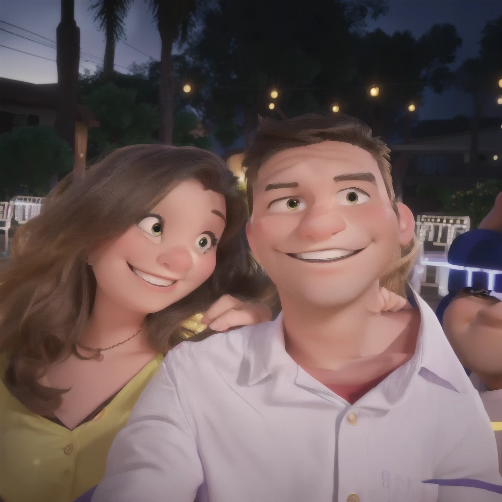 Generate an image of the smiling couple in the Disney Pixar cartoon style