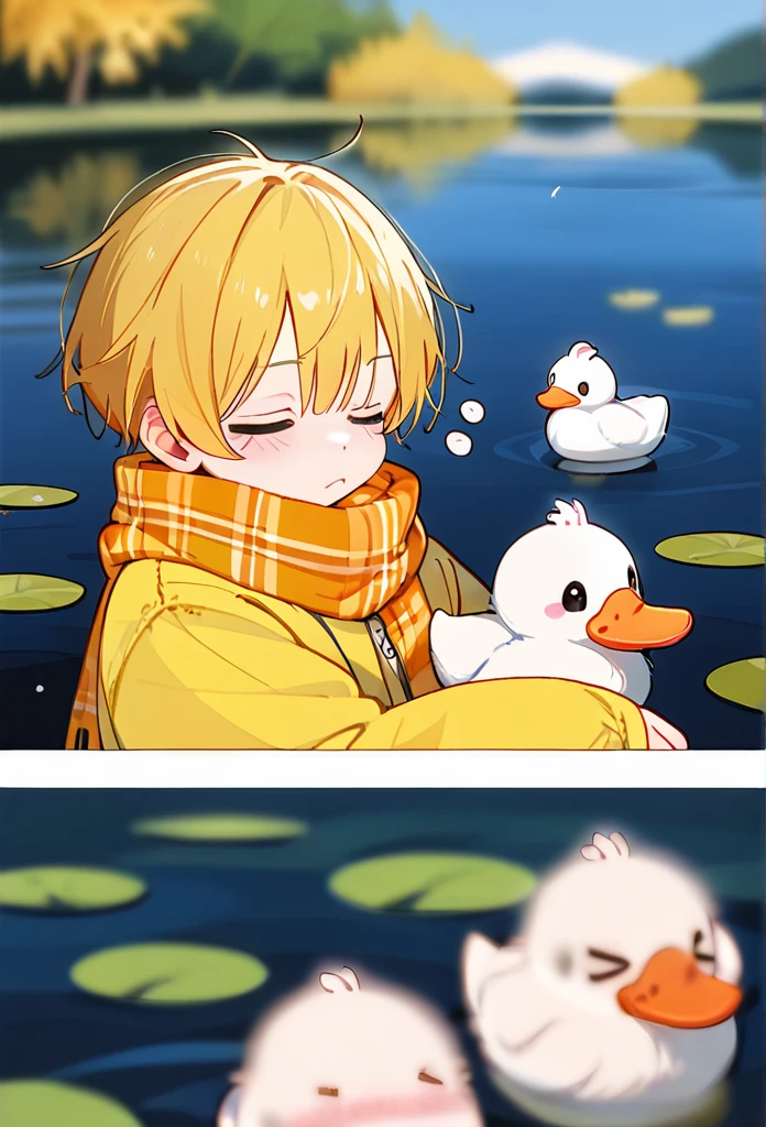 masterpiece, best quality, upper body, score_9,cute boy,kawaii boy,short yellow hair,eyes closed,yellow,orange scarf,sleepy.outside,pond,ducks in pnd,orange scarf,big oversized yellow jacket,cute,small,short fluffy yellow hair,eyes closed,close up,blur