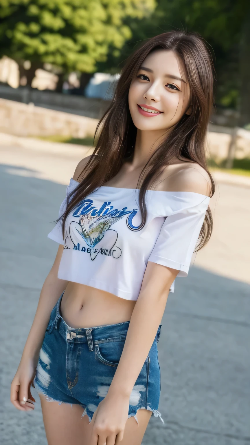 brown, sensuality, honey colored eyes, long hair, wave, side parted hair, big breasts, Sagging., Short clear t-shirt, Denim shorts, canvas shoes, Revealing a wide stomach, High stomach, thigh high, bracelet, ring, watch, mobile phone, bridge, perky breasts, bikini, Military boots