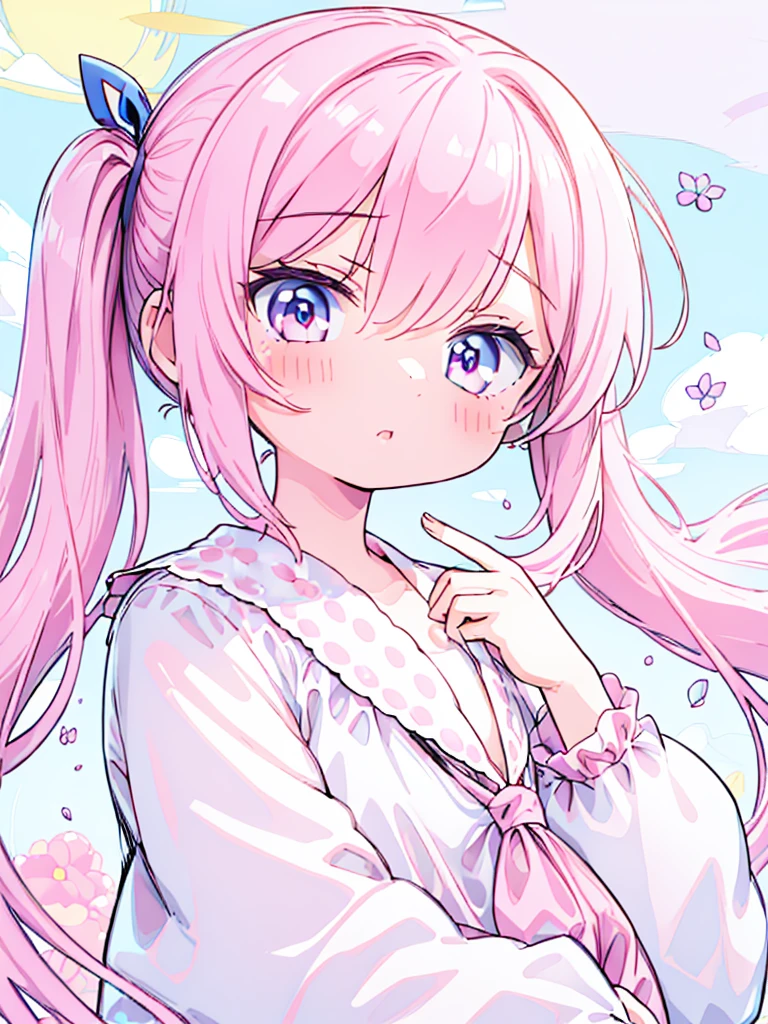 High resolution, extremely detailed, masterpiece, 1girl, long pink pigtails, pink eyes, round face, extremely adorable, premature body, small, short, very cute race, big eyes, ultra cute, simple 