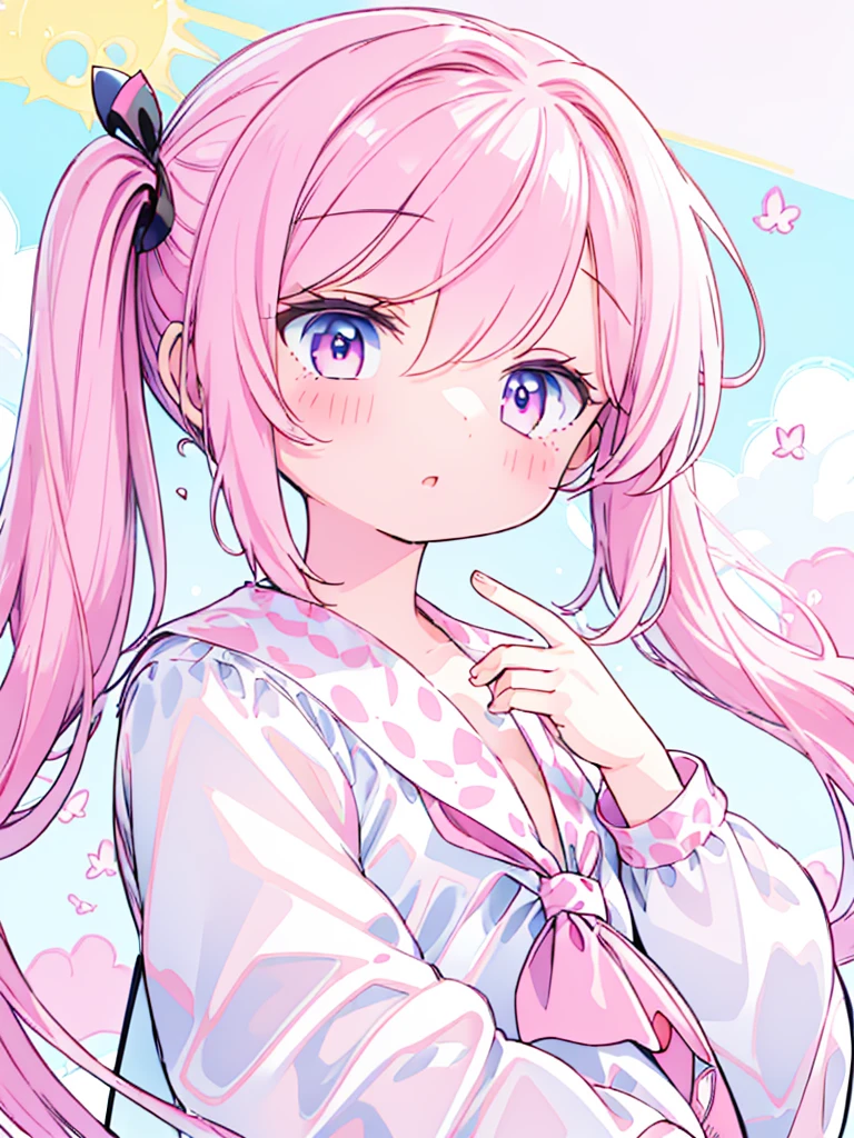 High resolution, extremely detailed, masterpiece, 1girl, long pink pigtails, pink eyes, round face, extremely adorable, premature body, small, short, very cute race, big eyes, ultra cute, simple