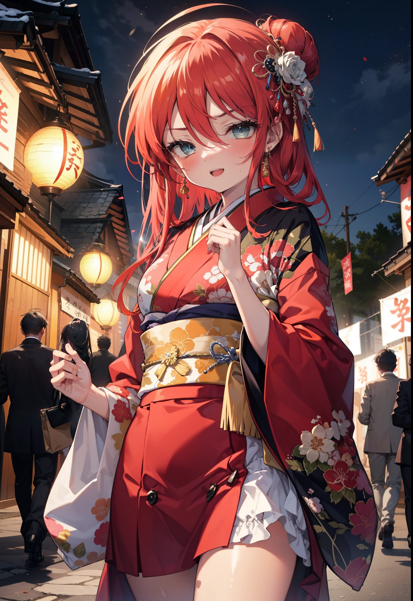 Shana,灼眼のShana,Long Hair, Red hair,Red eyes,Ahoge,smile,blush,Open your mouth,Hair Bun, single Hair Bun,blush,Red Kimono,Thick sleeves,Red long skirt,日本のfestival,夏festivalの屋台,Red lantern,So that the whole body goes into the illustration,Walking, break looking at viewer, Upper Body (Cowboy Shot:1. 5), break outdoors, shrine,festival, break (masterpiece:1.2), Highest quality, High resolution, unity 8k wallpaper, (shape:0.8), (Beautiful and beautiful eyes:1.6), Highly detailed face, Perfect lighting, Highly detailed CG, (Perfect hands, Perfect Anatomy),