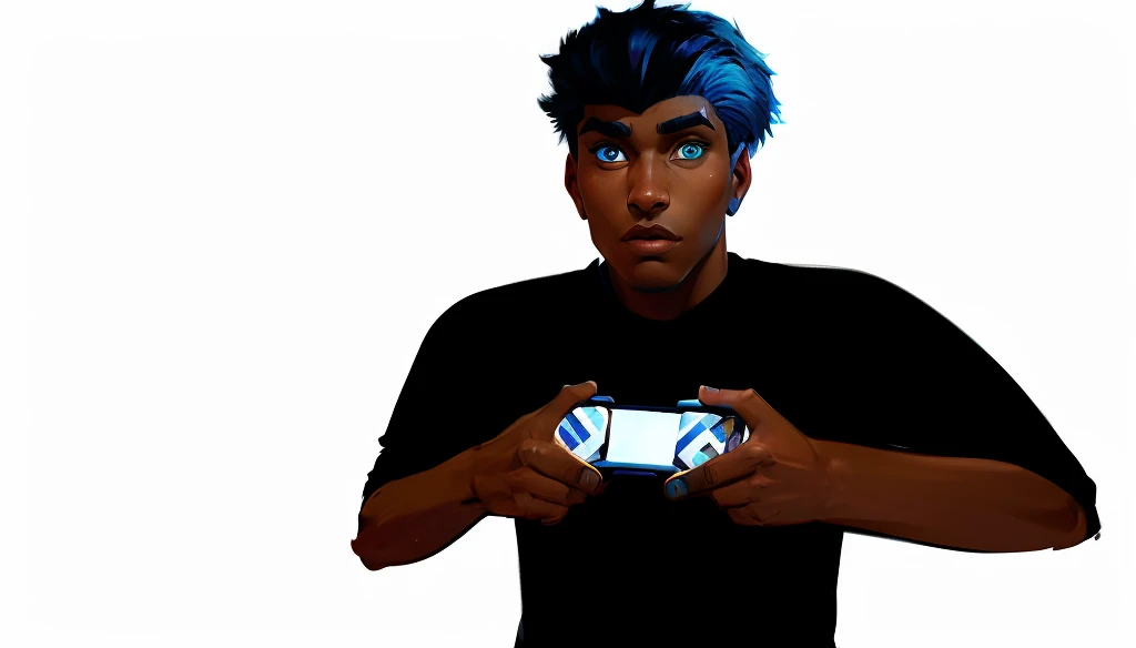 A black teenager with blue hair on the sides and black on top, eyes with light blue and dark blue heterochromia, wearing a black shirt, playing video game, work of art, style cartoon