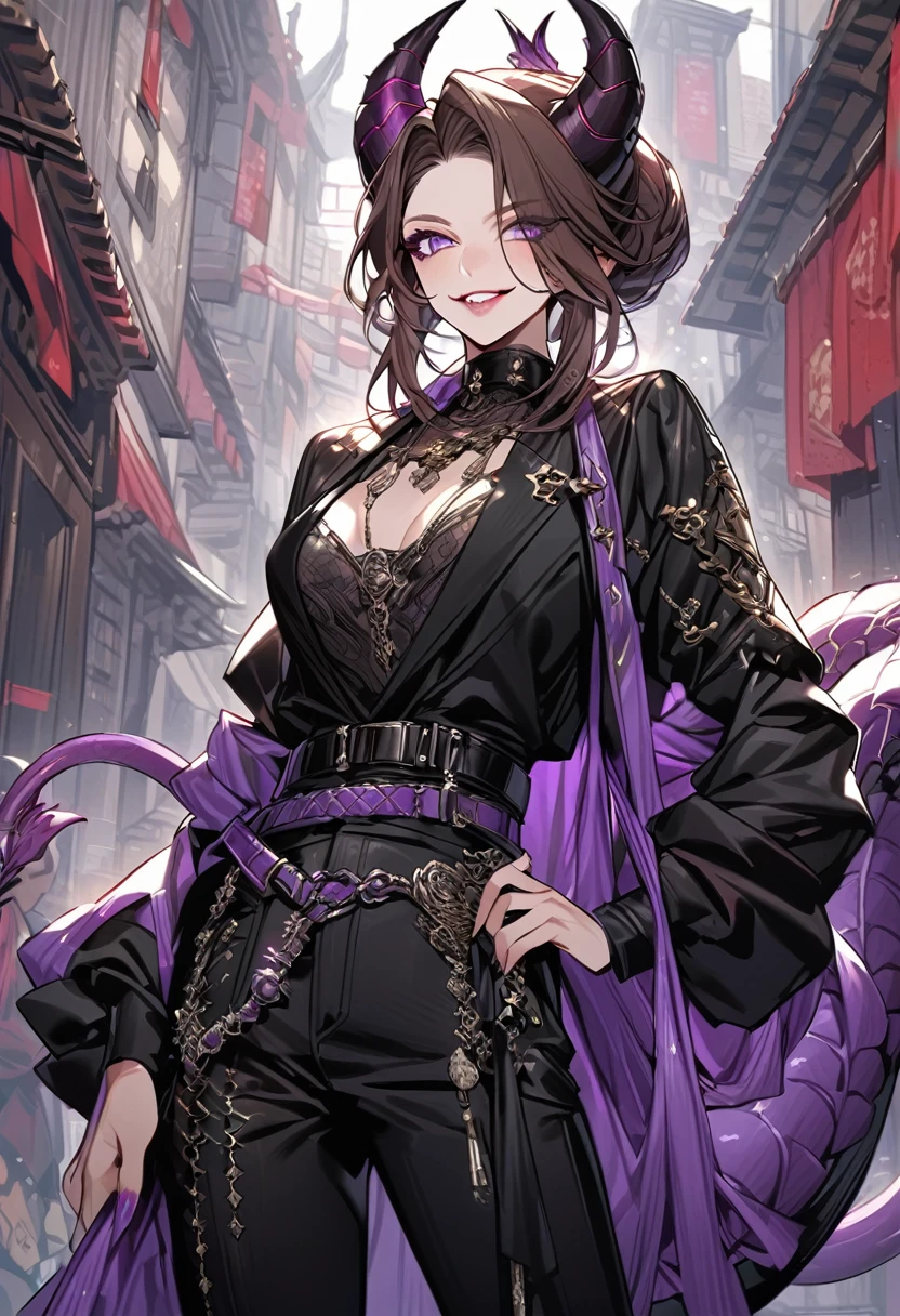 Tall woman, cheeky mad smile, brunette, hair gathered in a low bun, red and black clothes with open chest, purple eyes, dragon tail and horns, belts, pants, many details, light lipstick