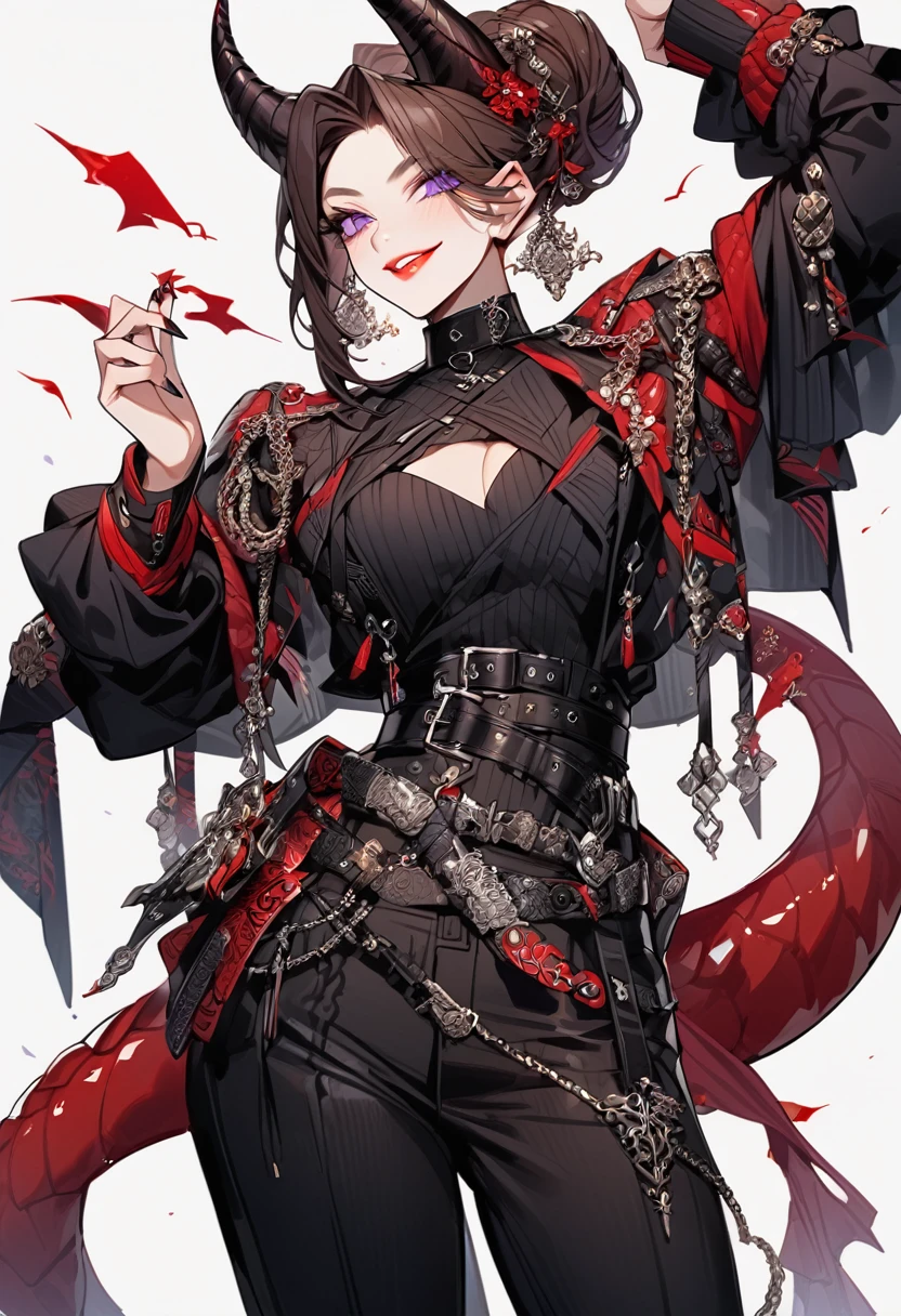 Tall woman, cheeky mad smile, brunette, hair gathered in a low bun, red and black clothes with open chest, purple eyes, dragon tail and horns, belts, pants, many details, light lipstick