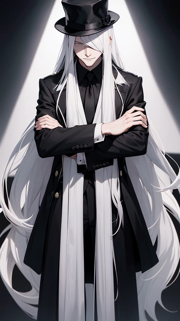 A pale man, with white long hair and evil smile, who is dressed with a black hat who covers his eyes with shadow, and is wearing a black trench coat with black dress and black tie, with black belt and black pants, besides having a revolver in his hands, and black background.