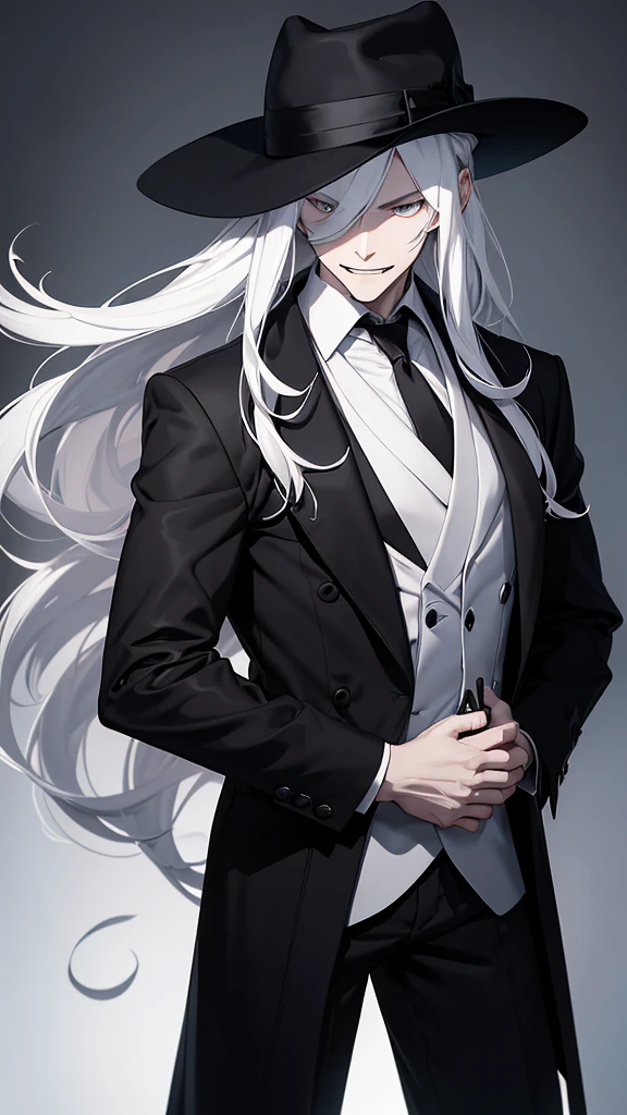 A pale man, with white long hair and evil smile, who is dressed with a black hat who covers his eyes with shadow, and is wearing a black trench coat with black dress and black tie, with black belt and black pants, besides having a revolver in his hands, and black background.