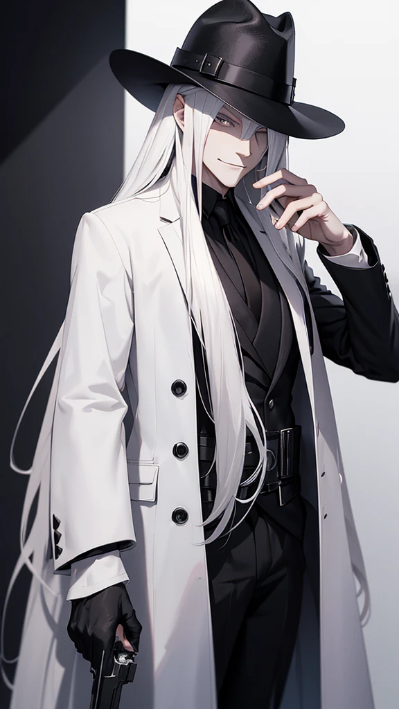 A pale man, with white long hair and evil smile, who is dressed with a black hat who covers his eyes with shadow, and is wearing a black trench coat with black dress and black tie, with black belt and black pants, besides having a revolver in his hands, and black background.