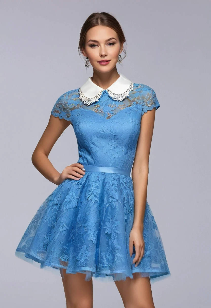 Please design an attractive woman' party dress in blue. The dress should be short, made of tulle, and have lace details on the collar and skirt. This dress is designed for a birthday party and should be cheerful and energetic.