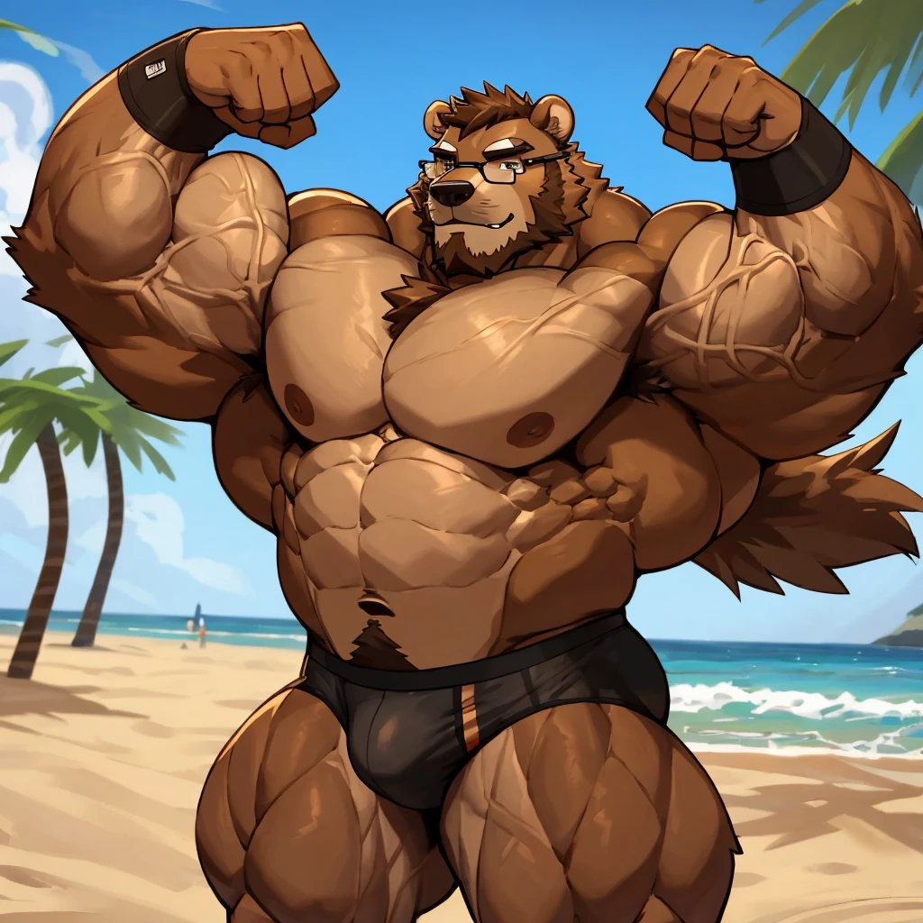 solo, 1boy, Huge Muscular Old Grizzly Bear wearing glasses , pectoral, huge pectoral, wide pectoral, brown fur, short brown hair, black competitive briefs, wristbands and shirtless topless, bearded, brown Mustache, muscle beach background, masterpiece, high detailed, 8k, high resolution, at the muscle beach flexing whole body veiny