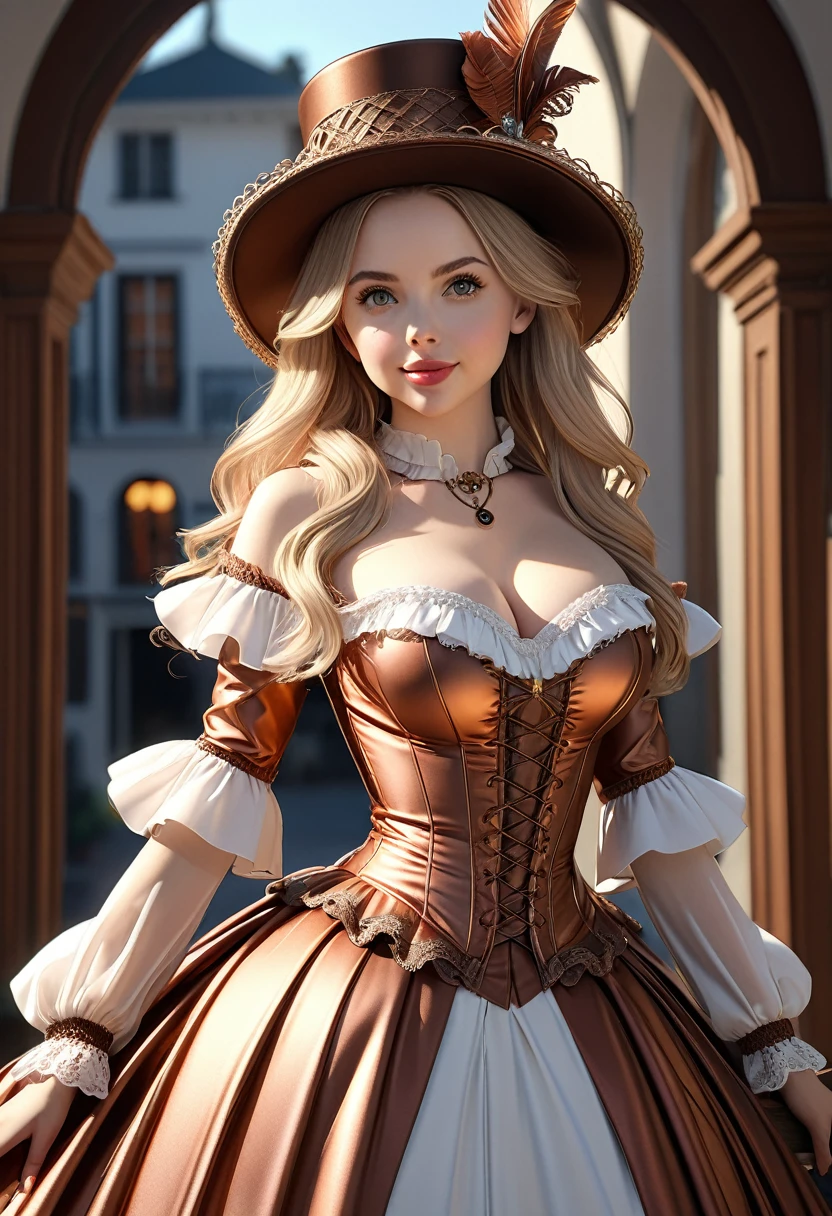 extremely beautiful, female victorian long blonde hair, perky breasts, cleavage, arms and legs made of wood, with exsposed clockwork gears, Dickensian dress made of woven copper wires. Big victorian ladies hat woven from silver ,Wide Smile, Eyes Detailed & Wide, sexy Pose. Ultra HD, Rococo-Inspired Fantasy Art With Intricate Details. Cute, Charming Expression, Alluring-Gaze, looking at viewer Beautiful Eyes, An-Ideal-Figure. Large Youthful Well-Shaped-Breasts, . Massive-Round-Bosom, Décolletage. slim waist, fit body, full lipsWarm lights, sexy shots, attractive poses, Stunningly beautiful merge of , Alison Brie, Scarlett Johanson, Dove Cameron. symmetrical face, photorealistic, photography, path tracing, specular lighting, volumetric face light, path traced hairmaximum quality{(masutepiece) (8K High Resolution) (top-quality)