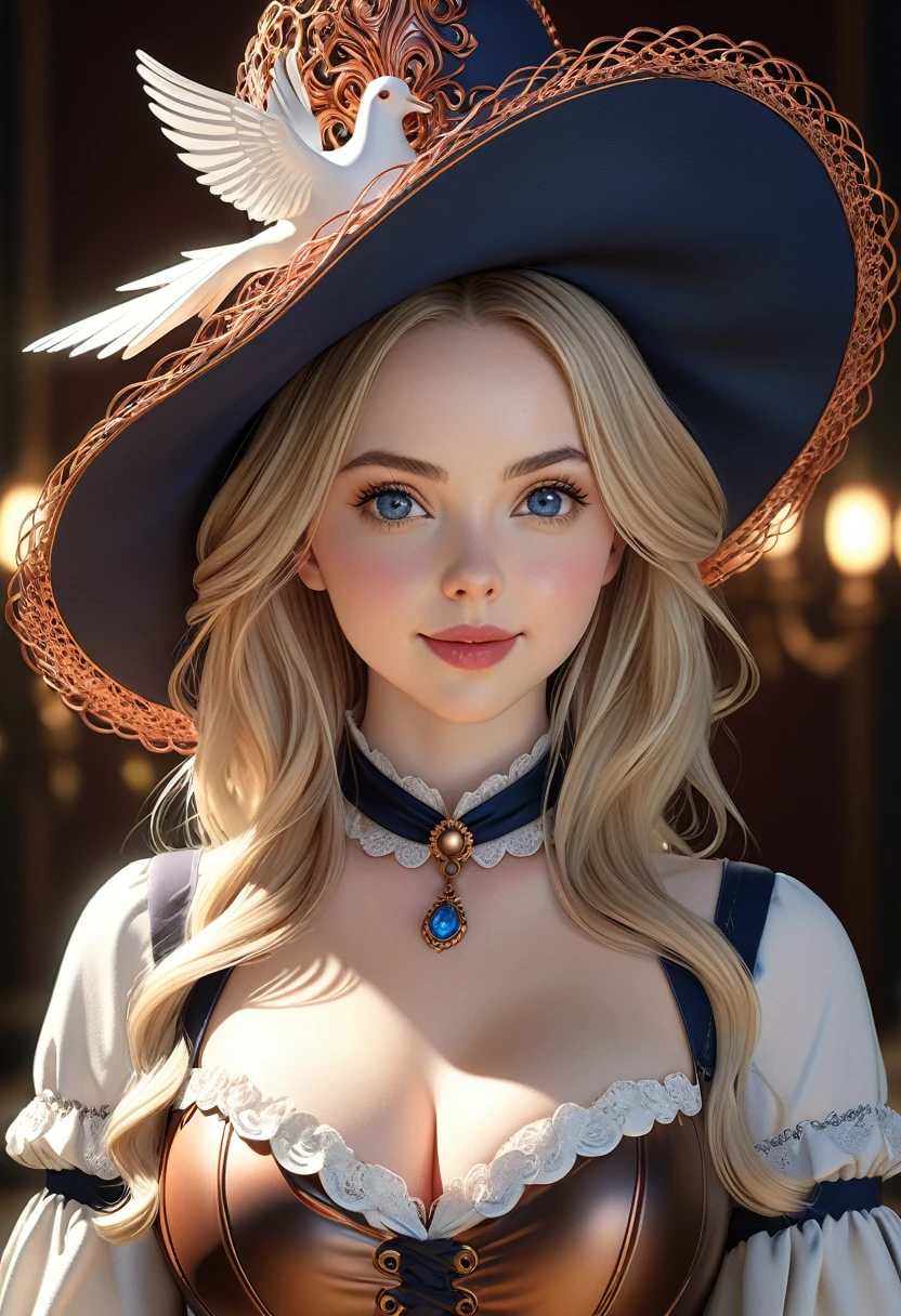 extremely beautiful, female victorian  long blonde hair, perky breasts, cleavage,  Dickensian dress made of woven copper wires. Big victorian ladies hat woven from silver ,Wide Smile, Eyes Detailed & Wide, sexy Pose. Ultra HD, Rococo-Inspired Fantasy Art With Intricate Details. Cute, Charming Expression, Alluring-Gaze, looking at viewer Beautiful Eyes, An-Ideal-Figure. Large Youthful Well-Shaped-Breasts, . Massive-Round-Bosom, Décolletage. slim waist, fit body, full lipsWarm lights, sexy shots, attractive poses, Stunningly beautiful merge of , Alison Brie, Scarlett Johanson, Dove Cameron. symmetrical face, photorealistic, photography, path tracing, specular lighting, volumetric face light, path traced hairmaximum quality{(masutepiece) (8K High Resolution) (top-quality) Woven copper, bronze and silver.
